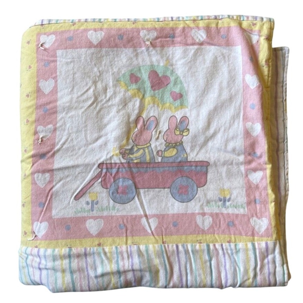 Vintage Carters Baby Blanket Bunny Cat Sheep Mouse‎ Quilt Pastel Spring Stripe